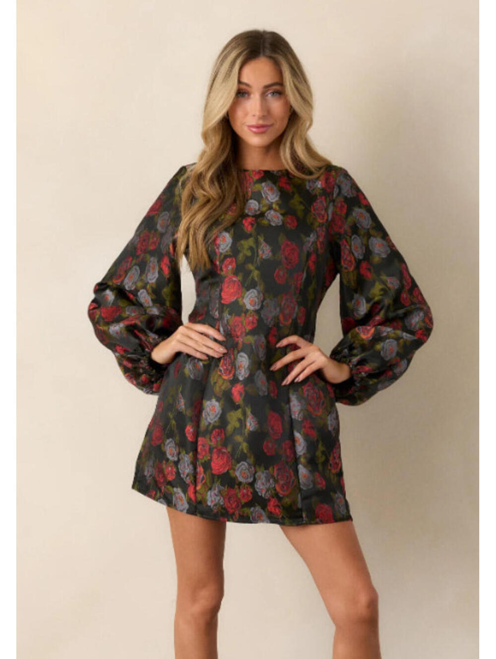 NWT B. Right Rose Garden Black Floral Jacquard Balloon Sleeve Mini Dress M